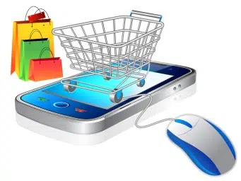 A shopping cart sits on a smartphone with a computer mouse connected, symbolizing online shopping and hinting at the challenge of shopping cart abandonment. Colorful shopping bags in the background enhance the digital retail experience.
