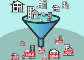 Illustration of a funnel with various houses above it and houses labeled Sold below. The image symbolizes how to get real estate leads—the easy way—by filtering or narrowing down property choices to finalized sales.