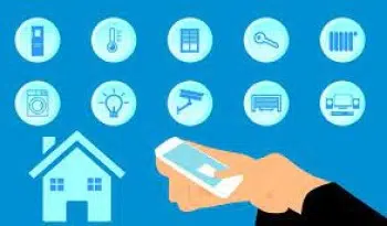 An illustration shows a hand holding a smartphone, seamlessly integrating real-estate-lead-generation-ideas by controlling smart home devices. Icons above include a thermostat, lighting, security camera, and washing machine—all unified within a central network against a blue background.