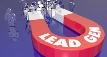 A large magnet labeled Lead Gen attracts metallic human figures, symbolizing the concept of lead generation in marketing. Set against a reflective dark surface, it visualizes the strategic pull to generate more leads effectively.