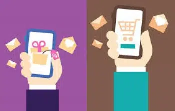 Illustration of two hands holding phones, embodying a B2C email marketing strategy. The left phone displays a gift icon with envelopes, while the right phone shows a shopping cart icon with envelopes. Background colors are purple and brown.