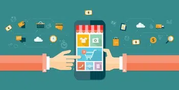 Illustration of two hands interacting with a smartphone displaying a shopping app, enhanced by ecommerce symbols. The screen shows icons for categories like clothing, camera, and shopping cart. Surrounding the phone are signs of commerce and marketing automation, such as money and shopping bags.