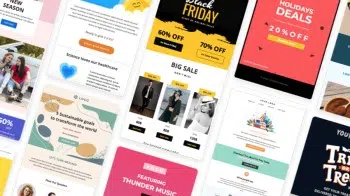 A collage of colorful digital flyers showcasing B2C marketing promotions and sales, including Black Friday and holiday deals. The designs feature discount percentages, vibrant graphics, and text highlighting enticing offers and events.