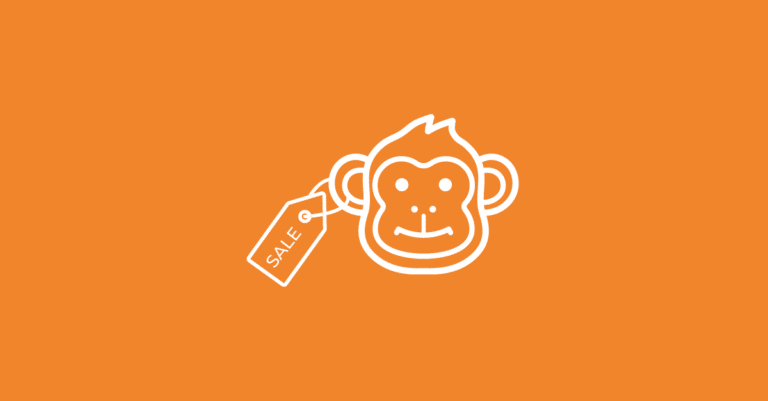 Illustration of a smiling monkey with a SALE tag attached to its ear, set against an orange background—perfect for capturing attention in your ecommerce email marketing campaign.