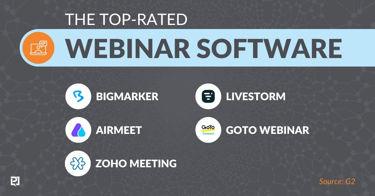 Top-Rated Webinar Software: #1: BigMarker; #2: Airmeet; #3: Zoho Meeting; #4: Livestorm; #5: GoTo Webinar.