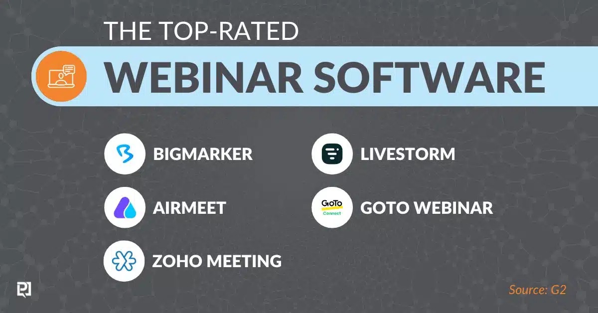 Top-Rated Webinar Software: #1: BigMarker; #2: Airmeet; #3: Zoho Meeting; #4: Livestorm; #5: GoTo Webinar.