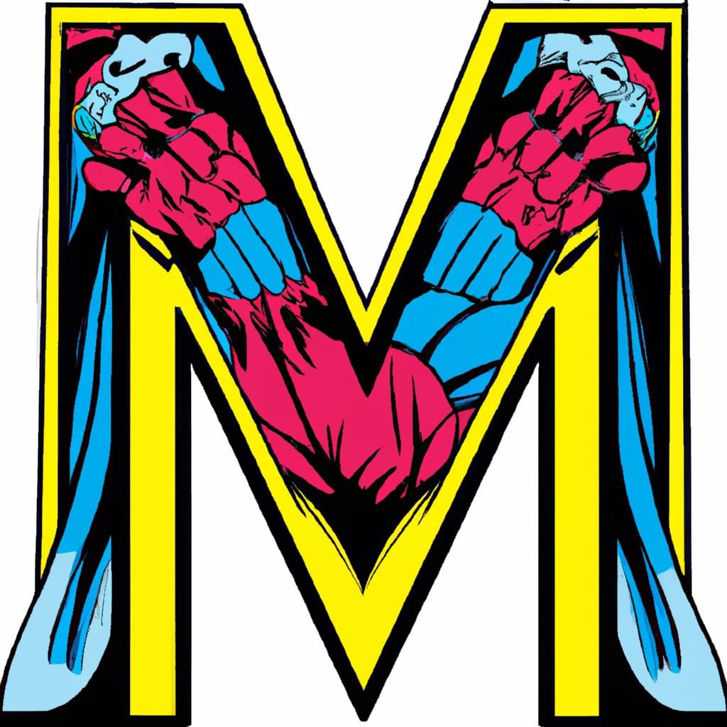 The letter M is styled with comic book art, featuring red and blue muscular arms gripping its peaks. Outlined in yellow and black for bold contrast, it evokes the power of marketing using AI to drive engagement.