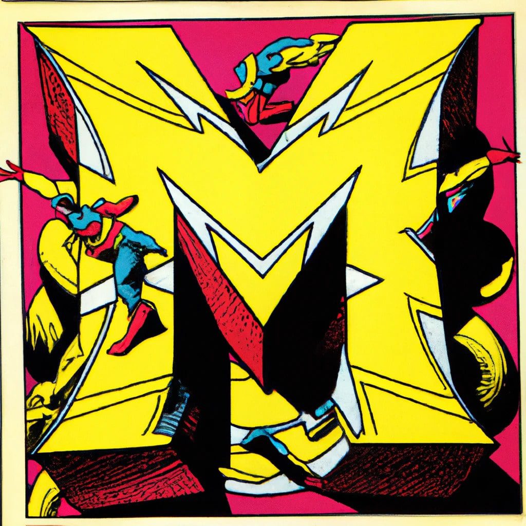A vibrant comic book-style illustration featuring a large yellow letter M with jagged edges and sharp shadows, symbolizing the right way. Colorful superhero characters in action poses bring AI for marketing to life against a bold magenta background.