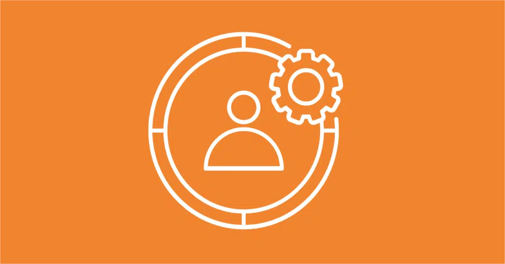 Orange background with a person outline and gear in white.