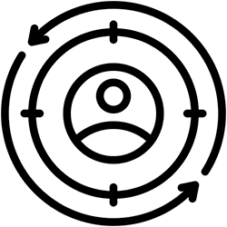 Black outline icon of a person inside a circular target with two arrows forming a loop around it, representing customer focus or user-centric approach.