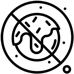 A line-drawn icon of a donut with a diagonal line crossing through it, representing no donuts or donuts not allowed.