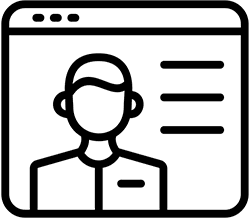 Line drawing of a user profile page with an outline of a person on the left and three horizontal lines representing text on the right, all inside a web browser window frame.