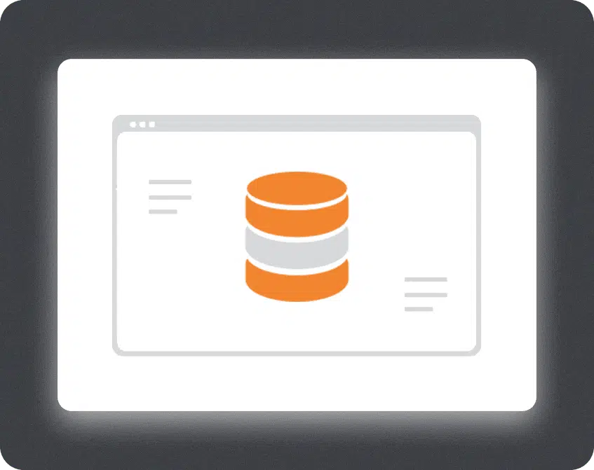 A computer screen displays a web page featuring an icon of an orange database stack in the center, surrounded by simple lines representing text. The screen is bordered by a dark frame.