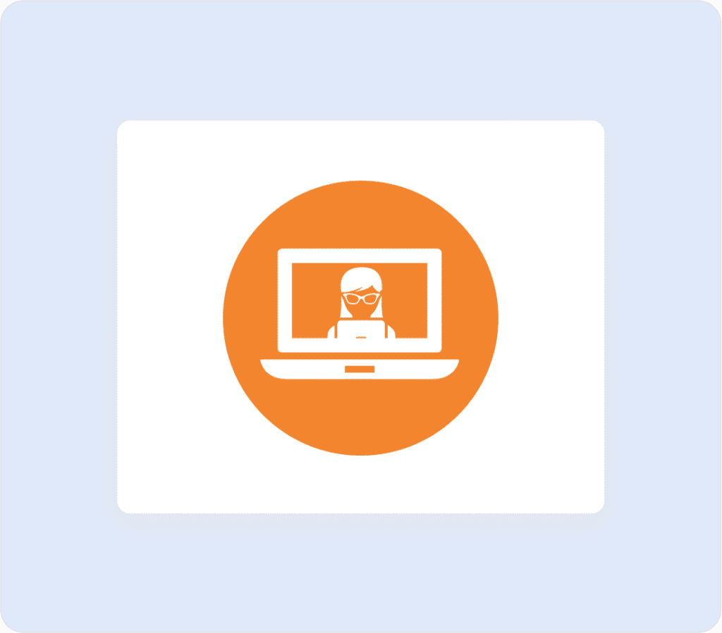 An orange circle with a white icon of a person wearing glasses on a laptop screen, centered on a white and light blue background.