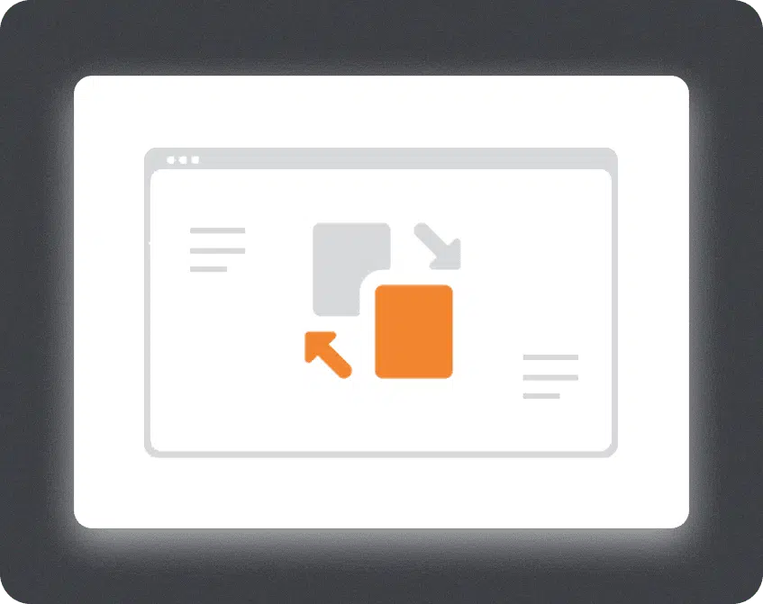 A computer screen displays a webpage with two overlapping squares, one gray and one orange, each with an arrow pointing between them, suggesting interaction or transformation.