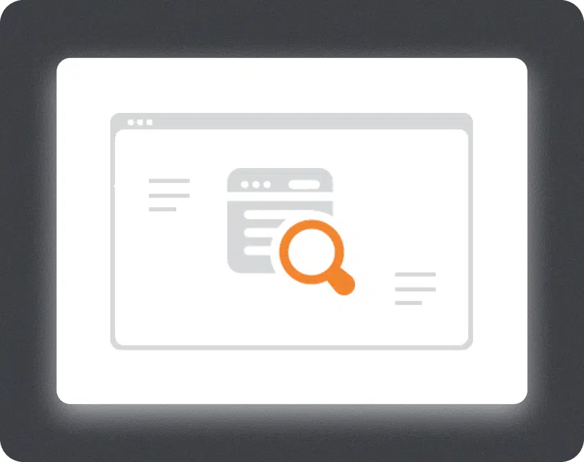 An illustration of a web browser window with an orange magnifying glass icon overlaid, symbolizing online search or web browsing, on a glowing white and dark gray background.