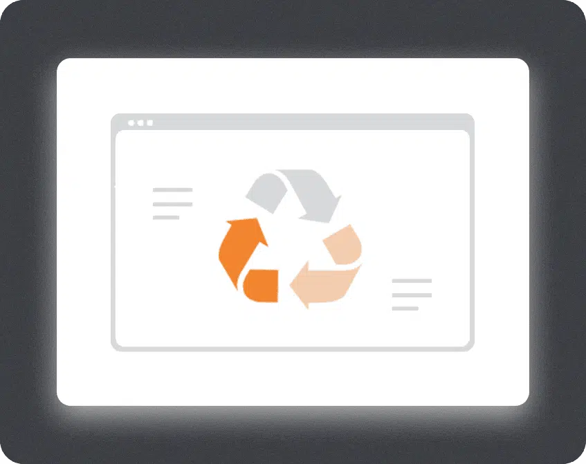A computer screen displays a web browser window with a large, three-arrow recycling symbol in orange and gray at the center, and lines representing text on both sides.