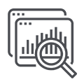 Line drawing of two overlapping screens displaying bar charts, with a magnifying glass placed over the charts to represent data analysis or review.