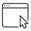 Simple line drawing of a web browser window with a large arrow cursor pointing toward it, suggesting interaction with a web page or digital interface.