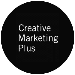 White text reading Creative Marketing Plus Case Study is centered on a black circular background.