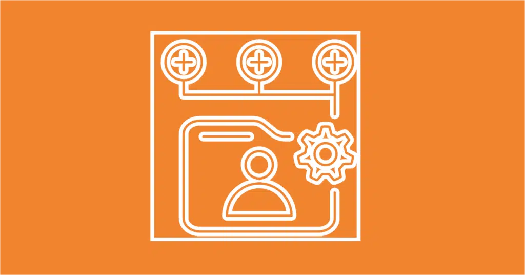 White outline icon on an orange background showing a folder with a person symbol, a gear, and three connected circles with plus signs, suggesting user profile management or account settings.