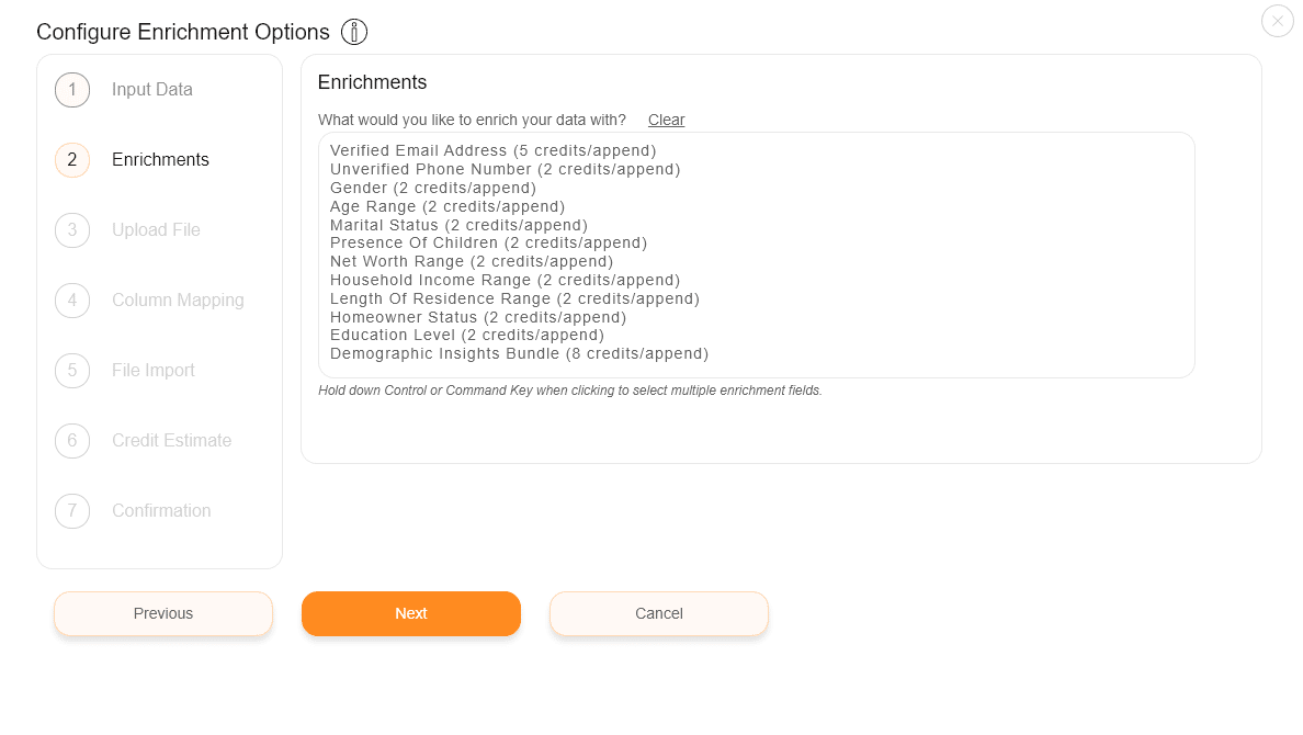 A software interface titled Configure Enrichment Options displays step 2, Enrichments, featuring selectable data fields powered by the Data Enrichment Service and navigation buttons for Previous, Next, and Cancel at the bottom.