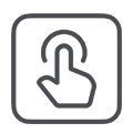 A dark outline of a hand with an extended index finger pressing a circular button or touchscreen, enclosed within a rounded square border.