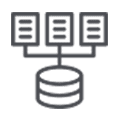 Icon of a database represented by stacked disks at the bottom, connected by lines to three rectangular server icons above, illustrating data storage and network connection.