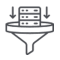 Icon of two downward arrows pointing at a stack of data or documents above a funnel, suggesting the concept of filtering or sorting information. The illustration is in a simple, dark outline style.
