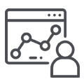 Icon of a person in front of a computer screen displaying a line graph with three connected data points, representing data analysis or user analytics.