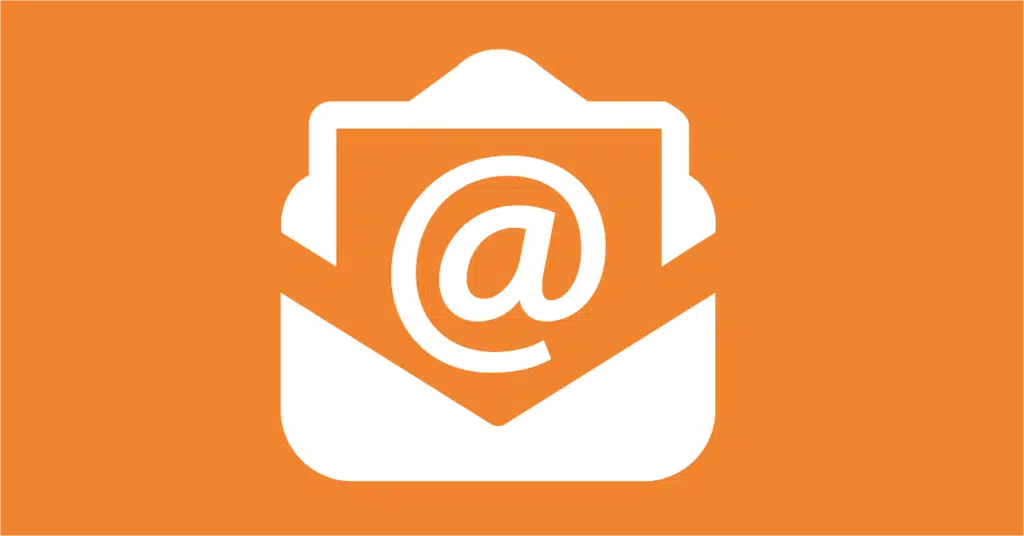 White envelope icon with an @ symbol on it, shown against an orange background, representing email or electronic messaging.