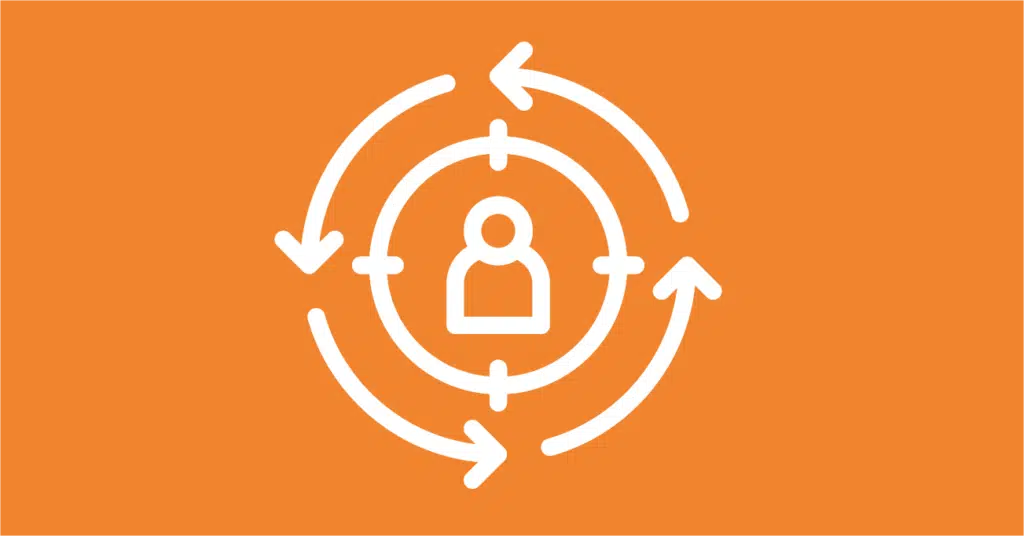 White icon of a person centered within concentric circles and surrounded by four circular arrows on an orange background, representing user-centered or continuous process concepts often used by retargeting platforms.