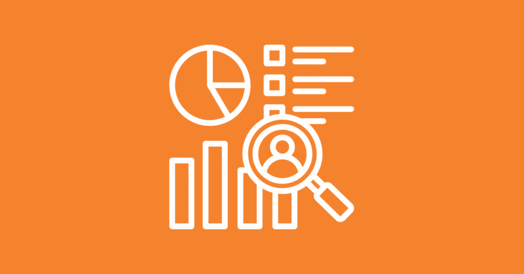 White line art of a pie chart, bar graph, and checklist with a magnifying glass focused on a user icon, all on an orange background, symbolizing data analysis or google analytics alternatives.