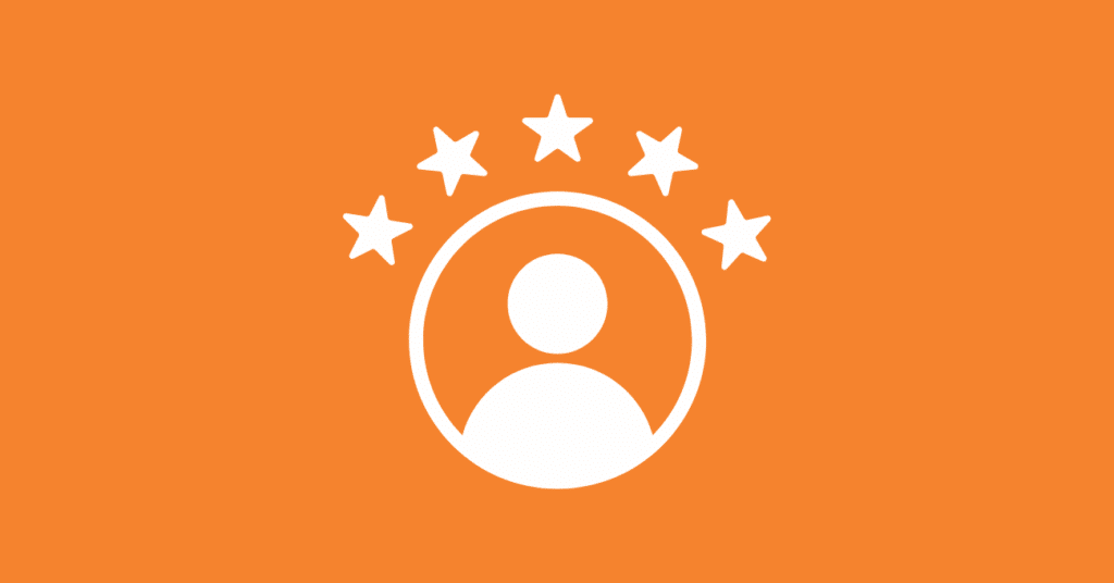 White icon of a person inside a circle, with five stars in an arc above, on an orange background—symbolizing agency client retention and customer satisfaction or excellence.