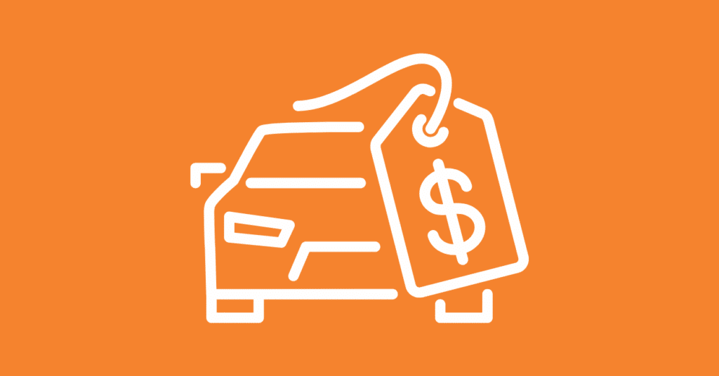 White outline drawing of a car with a large price tag featuring a dollar sign, set against an orange background—a visual perfect for generating car sales leads.