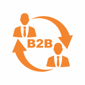 Orange graphic of two businesspeople icons connected by circular arrows with B2B text in the center, representing business-to-business interaction or communication.