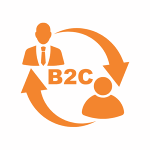 Orange icon showing two stylized people, one in a suit and tie and one without, connected by circular arrows with B2C text in the center, representing business-to-consumer interaction.