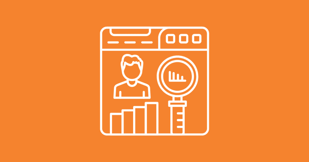 White outline illustration of a web page featuring a person’s profile, bar chart, and magnifying glass with a line graph inside, on an orange background—perfect for showcasing your data enrichment tool.