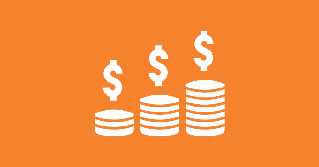 Three stacks of coins in ascending order with dollar signs above each stack, set against an orange background, representing financial growth or a new revenue stream.