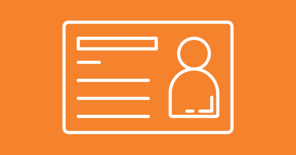 A white outline of an identification card with a photo placeholder and text lines, set against an orange background, symbolizes data agencies can get with the LeadPost HighLevel Integration.