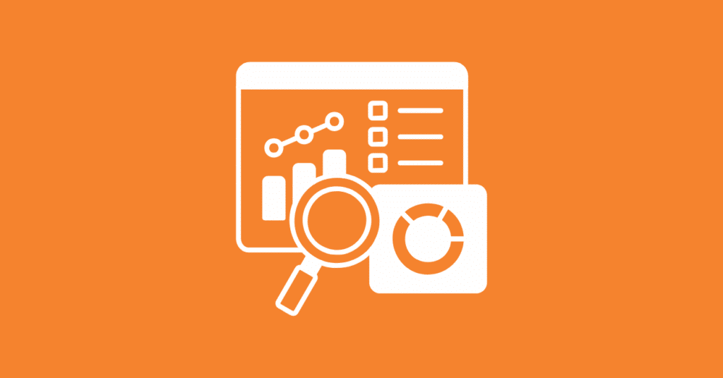 White icons of a magnifying glass, bar and line graphs, a pie chart, and a checklist overlap on an orange background, representing data analysis and visualization of demographic data for marketers.