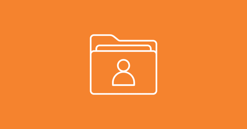 White outline of a folder with a user profile icon on an orange background, representing a personal or user file, ideal for illustrating customer data enrichment solutions.