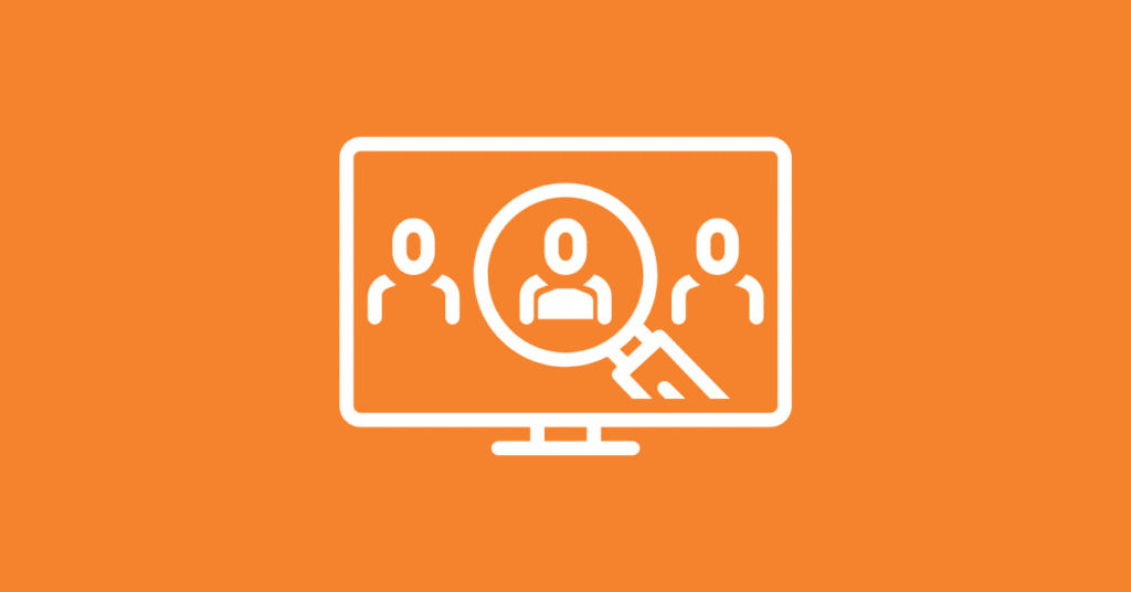 A white icon of three people on a computer screen, with a magnifying glass highlighting the center person to suggest efforts to identify anonymous website visitors, set against an orange background.