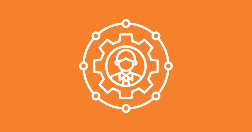 White outline of a person in business attire inside a gear, surrounded by a circular network, on an orange background, symbolizing management or professional services enhanced by lead enrichment tools.