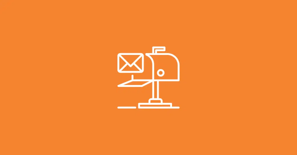 A white line drawing of a mailbox with its flag up and an envelope sticking out, centered on an orange background—perfect for illustrating direct mail retargeting for agencies.