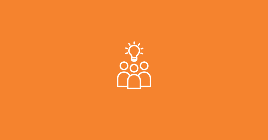 A white icon of three people standing together with a light bulb above their heads, symbolizing teamwork and ideas inspired by audience insights tools, is centered on an orange background.