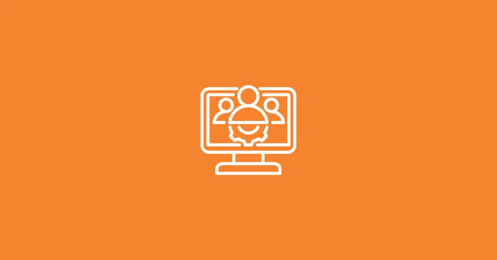 White icon of three people and a gear on a computer monitor, centered on an orange background. The design suggests teamwork, collaboration, or project management—ideal for illustrating concepts like what is data enrichment in online settings.
