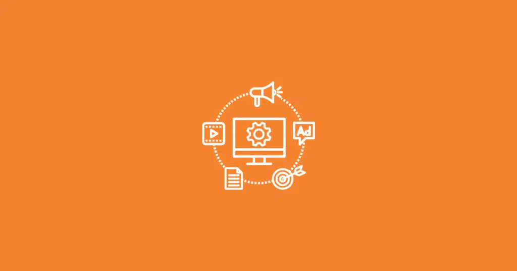 White digital marketing icons, including a monitor with a gear, megaphone, video, ad, document, and target—perfect for illustrating a first-party data strategy—are arranged in a circle on a solid orange background.