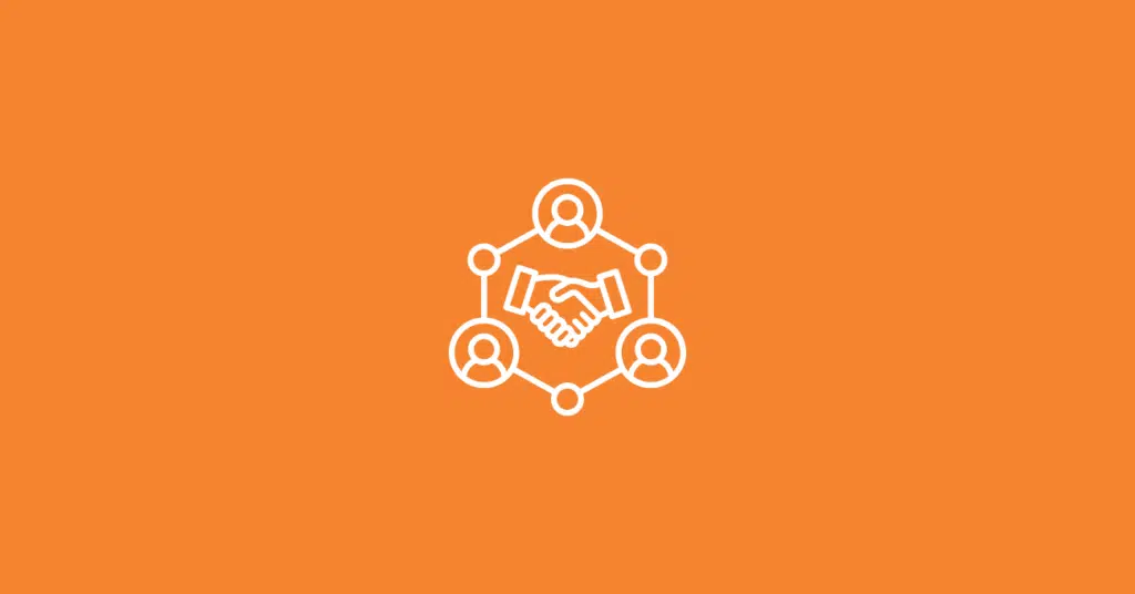 White line icon of two hands shaking in the center, connected by lines to three people icons, on an orange background, symbolizing networking, partnership, collaboration, representing LeadPost's affiliate program.
