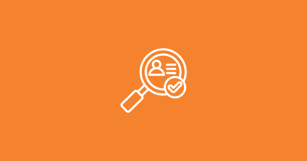 A white magnifying glass icon featuring a user profile and a checkmark inside, centered on an orange background, symbolizes website visitor identification.